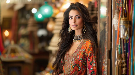 young indian woman standing at jewelry shop