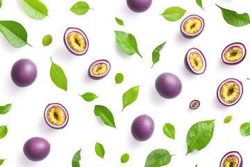 Tropical fruit in summer season, Passion Fruit with half slice and seed falling in the air with leaves on the background.