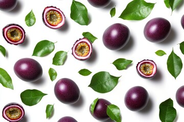 Wall Mural - The juice and seeds of a passion fruit are falling in the air while leaves are isolated on the background, a tropical fruit in the summer.