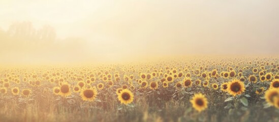 Canvas Print - Field of sunflowers in morning mist meadow shrouded in fog morning fog over the field. with copy space image. Place for adding text or design