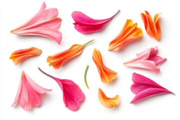 Poster - Beautiful botanical herbal falling red bud flower and petal for making tea, isolated on white background.