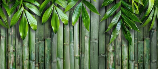 Poster - floral white bamboo design on green wooden slats. with copy space image. Place for adding text or design