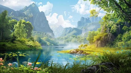 Poster - Serene Mountain Lake with Boat Illustration