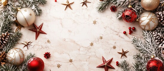 Poster - Modern Christmas card featuring stars and ornaments on a light background Top view with copy space