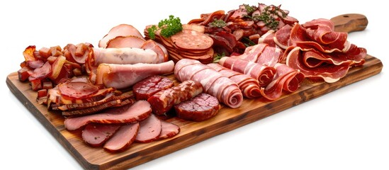 Aufkleber - Variety of meat snacks arranged on a wooden cutting board Sausage ham bacon and smoked meats Stock photo featuring meat products with copyspace available