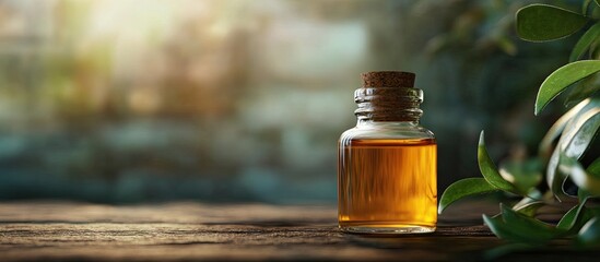 Poster - Tea tree essential oil in a small bottle Focused on the details Nature. with copy space image. Place for adding text or design