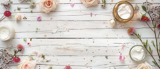 Aufkleber - Luxury organic body and skin care spa cosmetics arranged as a decorative border on a white wooden background flat lay. with copy space image. Place for adding text or design