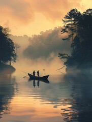 Poster - Two fishermen are casting nets from a small boat at dawn, with mist rising above the calm lake and vibrant colors reflecting in the water. Generative AI
