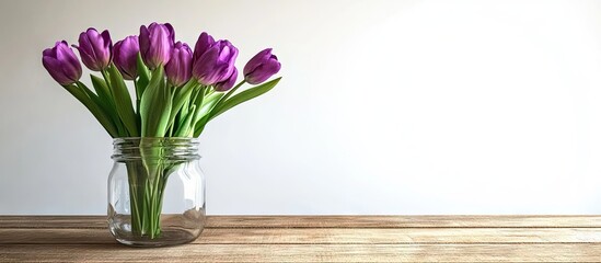 Poster - Purple tulips in a glass jar on a wooden table next to the white wall. with copy space image. Place for adding text or design