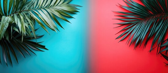 Aufkleber - Palm leaves are arranged on a blue and red background This is a minimal flat lay composition featuring copy space conveying a tropical and calming decorative theme