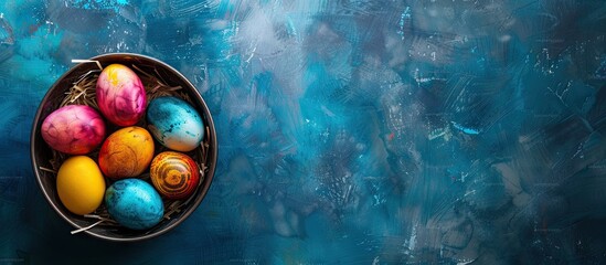 Poster - Metal basket filled with multicolored painted Easter eggs on a blue paper background Flat lay top view with copyspace Banner for greetings Concept design