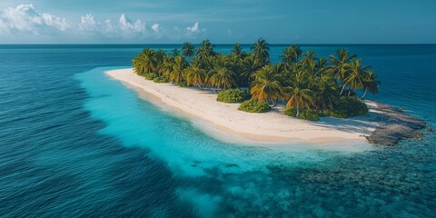 Wall Mural - Aerial view of a tropical island with crystal clear blue waters, white sandy beaches and lush, colorful palm trees. Image generated by AI