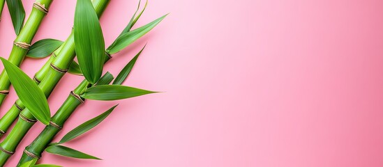 Poster - Bamboo shoot Bamboo stem and leaves on a pink background viewed from above with copy space