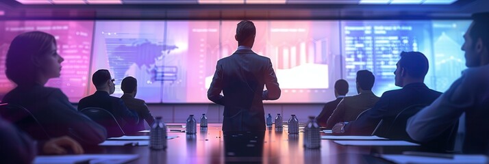 Aufkleber - A speaker presents financial strategies in a contemporary conference room while attendees listen attentively and view visual data on large screens. Generative AI