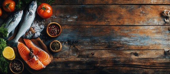 Poster - Fresh fish and seafood accompanied by herbs spices and vegetables on a rustic wooden backdrop Concept of balanced diet and cooking Healthy eating Top view with copyspace Panorama banner