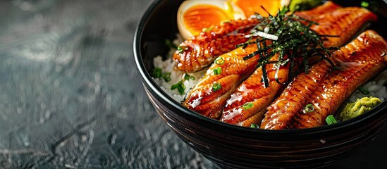 Aufkleber - Top view of Opor Ayam with quail eggs in a white bowl Isolated on a black background Copy space