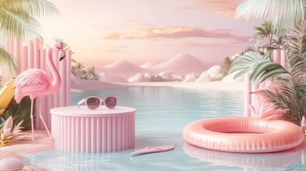 Wall Mural - A 3D render of a summer vacation beach with podium displays to showcase cosmetics and products. A minimal summer vacation theme.