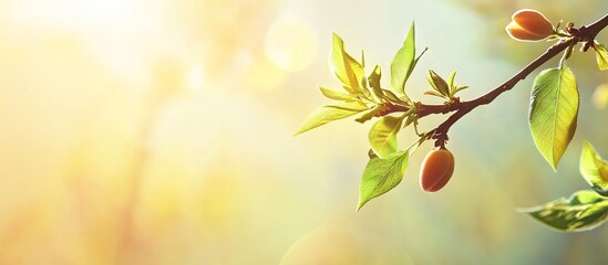 Poster - Apricot branch featuring the first delicate leaves of spring in sunny weather copyspace