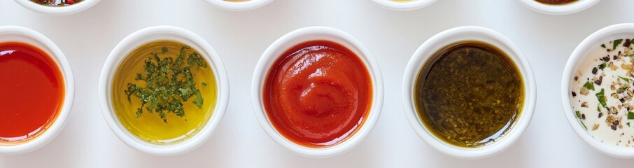 Isolated on white background, a set of different sauces in white bowls.