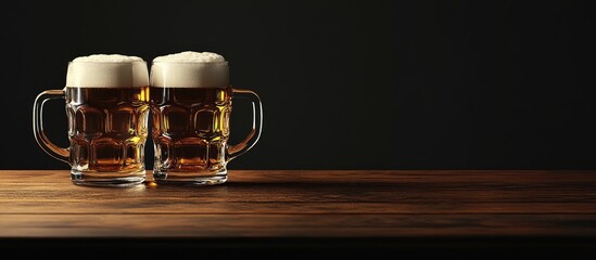 Poster - Mugs filled with fresh delicious beer on the table. with copy space image. Place for adding text or design
