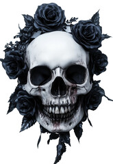 human skull with beautiful black rose and flower around it isolated on transparent background