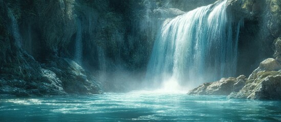 Wall Mural - Stunning waterfall Turquoise water cascades down from the mountain into the river. with copy space image. Place for adding text or design