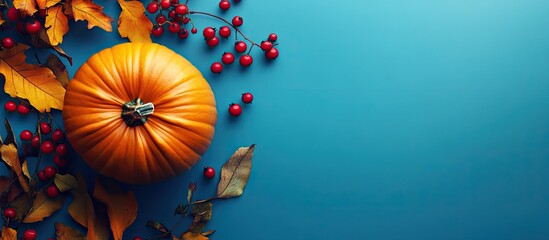 Fototapete - Seasonal natural autumn backdrop with copy space featuring a pumpkin and berries Suitable for Halloween or Thanksgiving flat lay