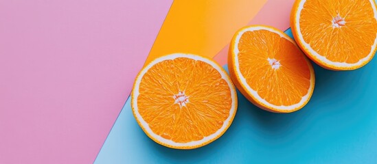 Wall Mural - Fresh orange slices on a colorful background Top view Copy space Creative summer concept Half of a citrus fruit in a minimal flat lay with copy space