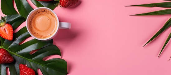 Poster - Blank space for text coffee and palm leaves strawberry gift on a pink background Top view flat lay copyspace available