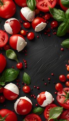 Wall Mural - Freshly Cut Organic Red and Yellow Tomatoes With Cheese Filling, Flat Lay on Dark Background