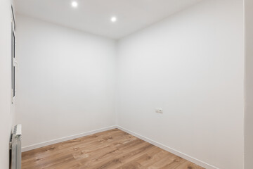 Wall Mural - White room with wooden floor, recessed lighting, contemporary and peaceful design