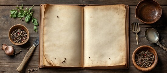 Fototapete - Blank vintage recipe cooking book and utensils A top view with copy space