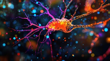 Poster - The neuron shows vibrant fluorescence with dendrites extending in a colorful backdrop, highlighting intricate neural connections