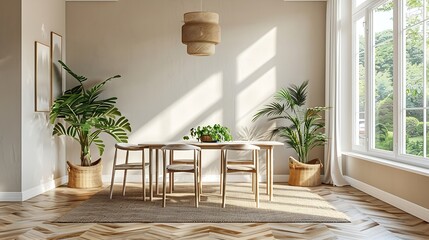 Wall Mural - Modern interior design of apartment dining room with table and chairs empty living room with beige wall panorama : Generative AI