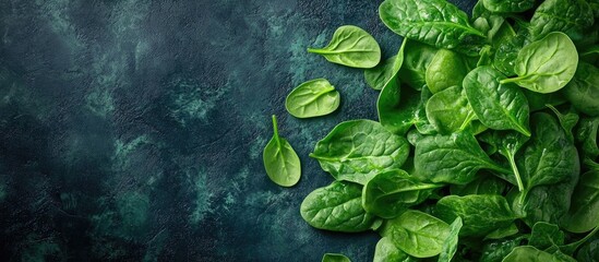 Poster - Spinach healthy salad mixed leaves vitamins nutritious food menu idea Food backdrop Copy space Top view
