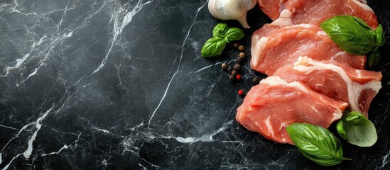 Aufkleber - Sliced cuts of raw pork meat Fresh meat dry sumac garlic and basil leaves Healthy cooking food idea fashionable hard light and dark shadows Marble stone background copyspace