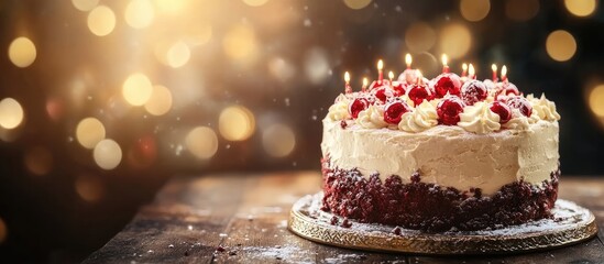 Poster - Christmas cake on an ornate table for New Year s Eve. with copy space image. Place for adding text or design