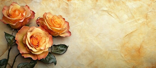 Wall Mural - textured vintage paper backdrop featuring variegated yellow and orange roses. with copy space image. Place for adding text or design