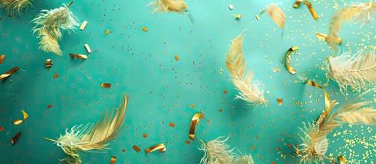 Poster - Banner featuring a Christmas composition background Golden feathers and confetti on a mint green backdrop Concept of Christmas winter and the new year Flat lay top view copy space