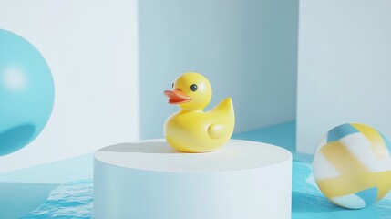 Wall Mural - An animated 3D render of a white podium pedestal with a giant yellow inflatable duck floating with a beach ball on a summer sea background, an ideal setting for showing goods.