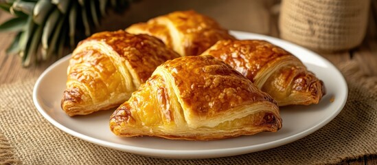 Fototapete - Pineapple danish pastry on a white dish set against a brown sack background. with copy space image. Place for adding text or design