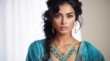 young indian woman standing on white background