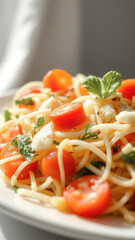 Sticker - Close-up of a plate of spaghetti with tomato and mozzarella