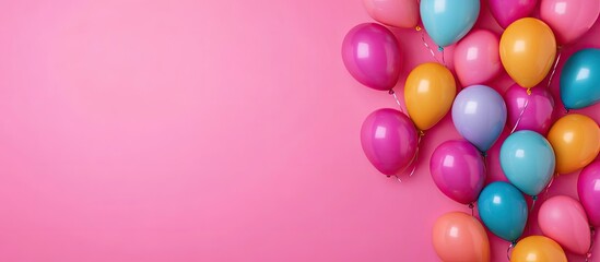 Poster - A collection of colored balloons on a pink background Flat lay top view. with copy space image. Place for adding text or design