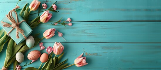 Poster - Easter table arrangement featuring tulip flowers and eggs along with a tag that says Happy Easter set against a light blue wooden background from a top view with copy space