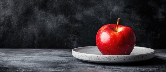 Wall Mural - Fresh sweet single apple on a grey plate against a dark black textured background viewed from an angle. with copy space image. Place for adding text or design