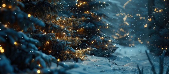 Poster - A snow covered spruce tree lit by white lights seen up close A dark twilight evergreen forest serves as the background An idyllic winter scene perfect for Christmas celebration decoration and holiday