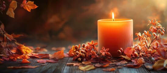 Poster - Autumn candle featuring orange leaves and blooms. with copy space image. Place for adding text or design