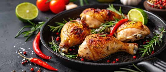 Canvas Print - Chicken leg in a frying pan accompanied by fresh rosemary cherry tomatoes chili peppers garlic lime and sea salt against a black background. with copy space image. Place for adding text or design