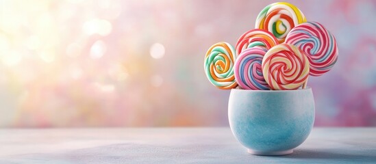 Poster - Vibrant candies in a cup on a table against a light background Oversized swirled lollipops A creative idea featuring a jar filled with delightful treats from the candy shop. with copy space image